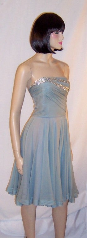 Ceil Chapman Blue Chiffon Dress with Silver Sequined Bolero For Sale 4