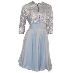 Vintage Ceil Chapman Blue Chiffon Dress with Silver Sequined Bolero