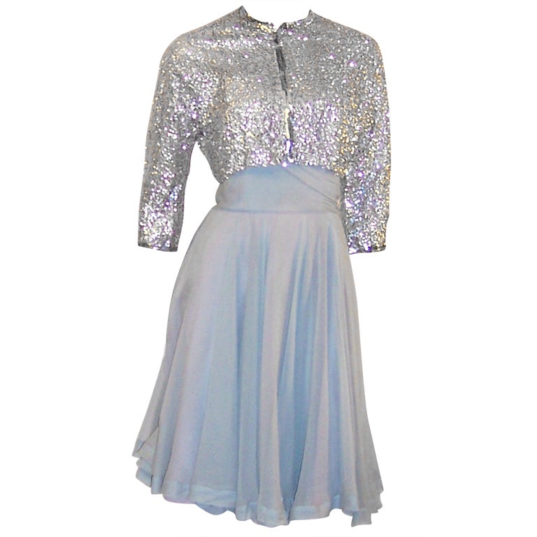 Ceil Chapman Blue Chiffon Dress with Silver Sequined Bolero For Sale