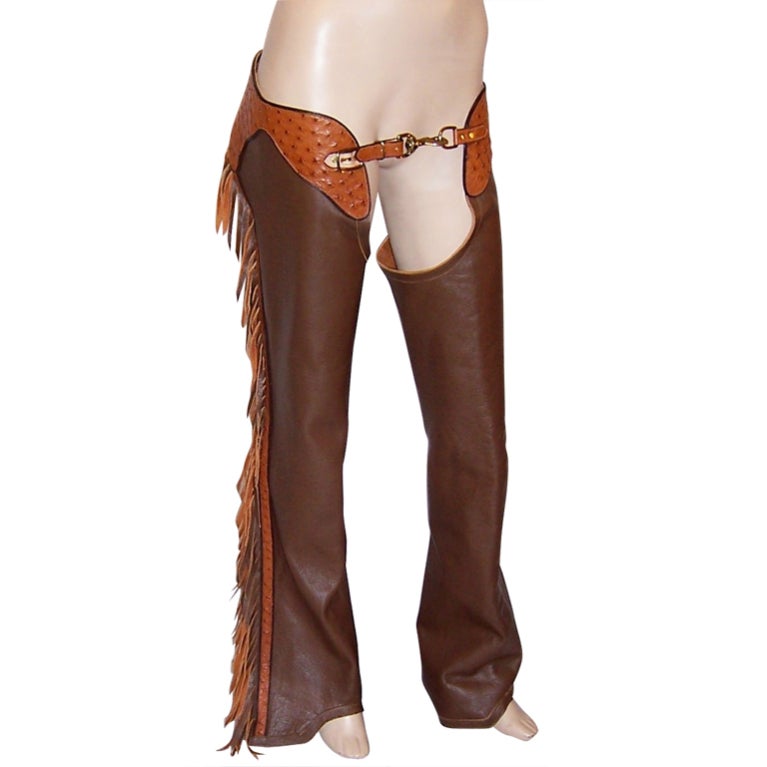 Hand-Crafted Cowhide and Ostrich Leather Chaps with Fringe For Sale at  1stDibs | fringe chaps, cowboy leather chaps, cowhide chaps