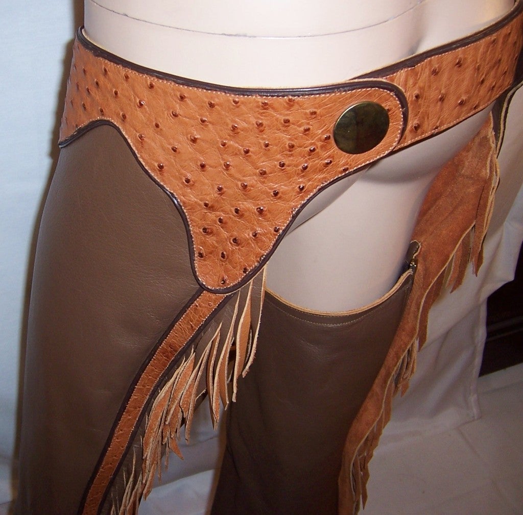 Women's or Men's Hand-Crafted Cowhide & Ostrich Leather Chaps with Fringe For Sale