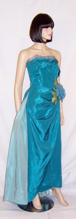 1950's Two-Toned Turquoise Taffeta Strapless Gown For Sale 1