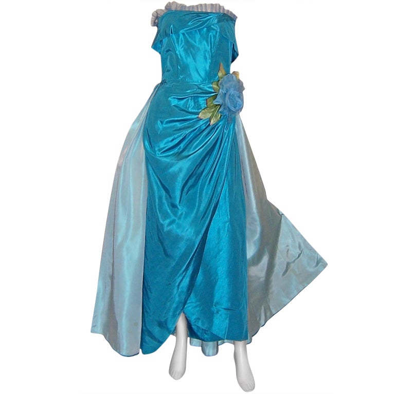 1950's Two-Toned Turquoise Taffeta Strapless Gown For Sale