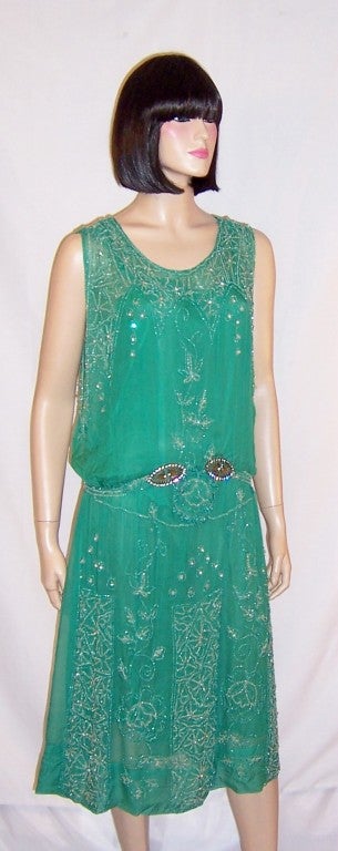 1920's Viridian Green Beaded Gown with Clear Paste Accents 7