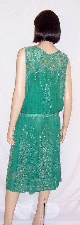 Women's 1920's Viridian Green Beaded Gown with Clear Paste Accents