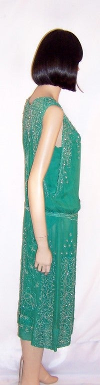 1920's Viridian Green Beaded Gown with Clear Paste Accents 1