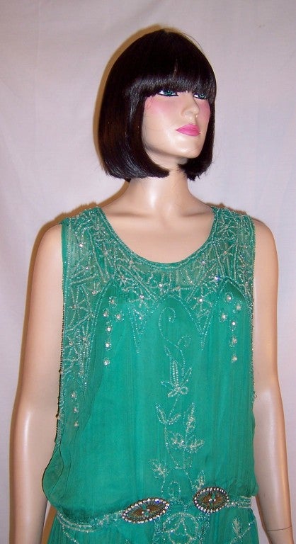1920's Viridian Green Beaded Gown with Clear Paste Accents 2