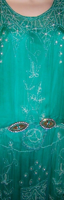 1920's Viridian Green Beaded Gown with Clear Paste Accents 4