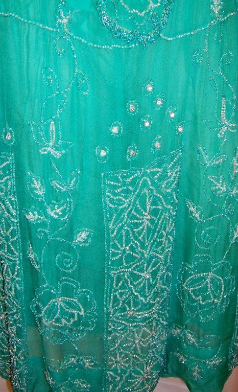 1920's Viridian Green Beaded Gown with Clear Paste Accents 5