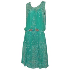 Antique 1920's Viridian Green Beaded Gown with Clear Paste Accents