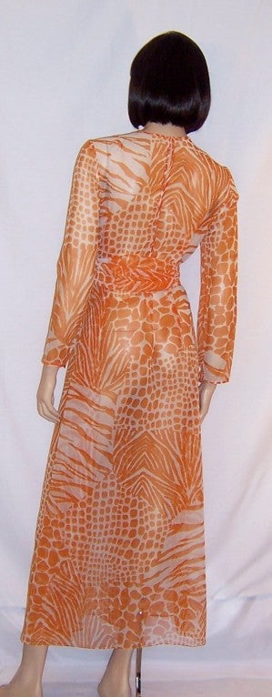 1960's Orange & White Abstract Animal Print Gown For Sale 1