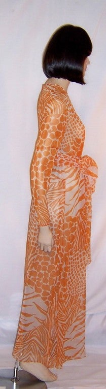 1960's Orange & White Abstract Animal Print Gown For Sale 2