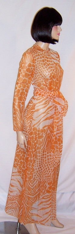 1960's Orange & White Abstract Animal Print Gown For Sale 3