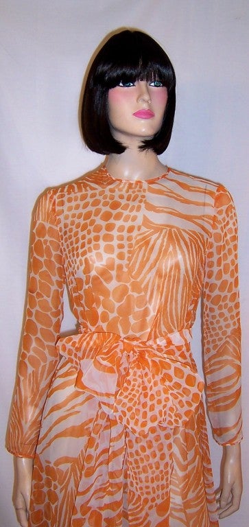 1960's Orange & White Abstract Animal Print Gown For Sale 4