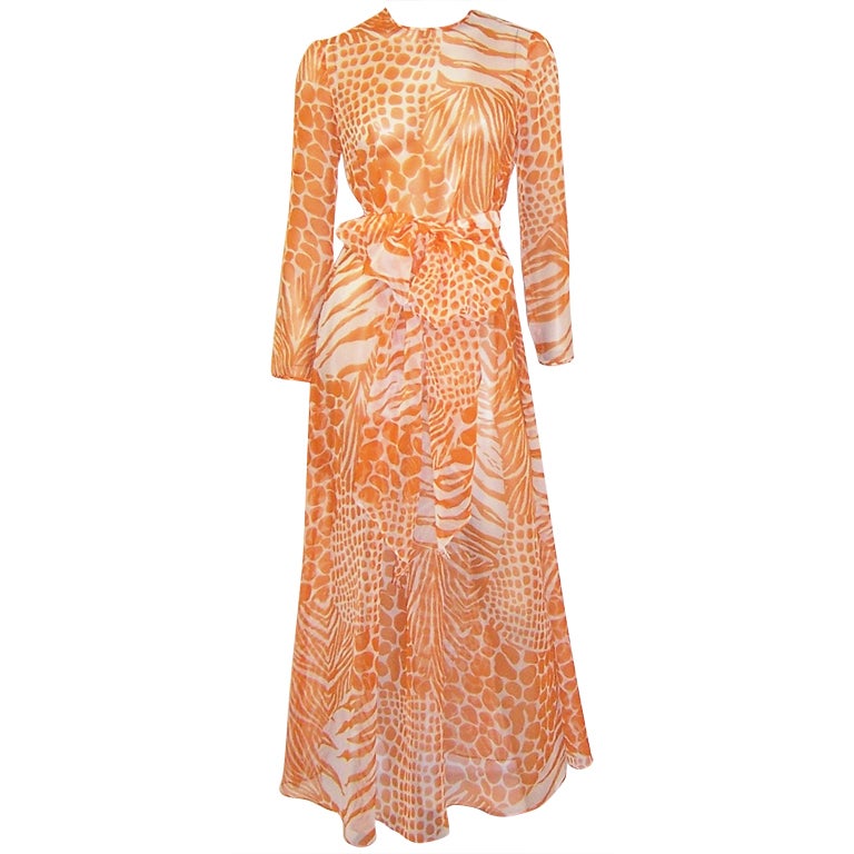 1960's Orange & White Abstract Animal Print Gown For Sale