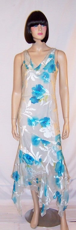 Turquoise & White Chiffon Gown with Asymmetrical Hemline