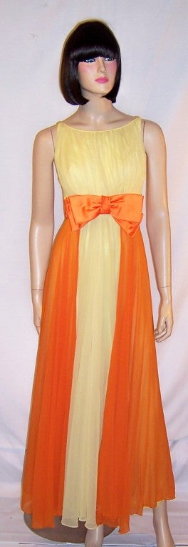 1960's Pale Yellow & Orange Silk Chiffon Evening Gown