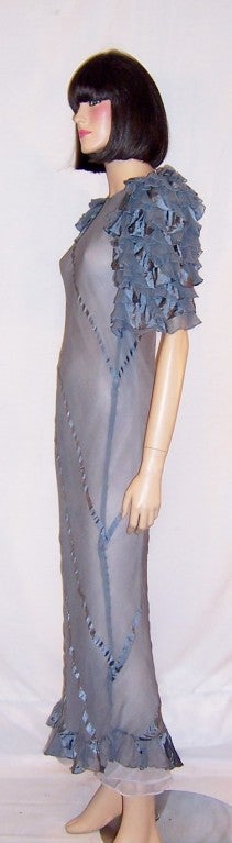 1930's Periwinkle Blue Evening Gown with Ruffled Sleeves In Excellent Condition For Sale In Oradell, NJ