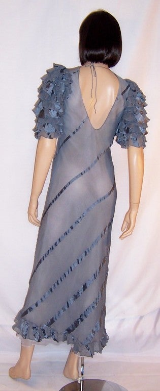 Women's 1930's Periwinkle Blue Evening Gown with Ruffled Sleeves For Sale
