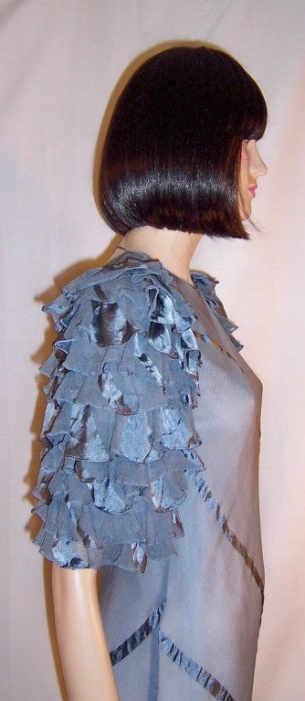 1930's Periwinkle Blue Evening Gown with Ruffled Sleeves For Sale 2