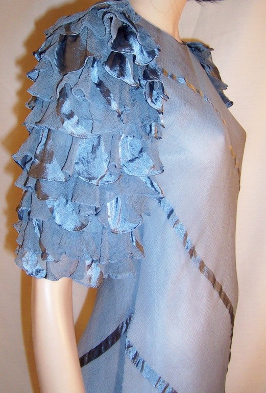1930's Periwinkle Blue Evening Gown with Ruffled Sleeves For Sale 3