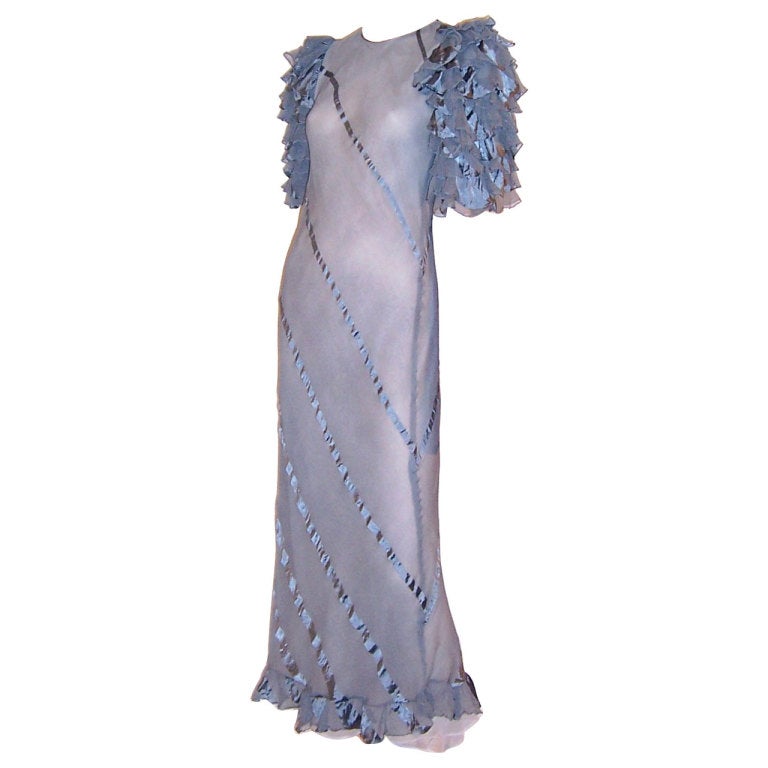 1930's Periwinkle Blue Evening Gown with Ruffled Sleeves For Sale