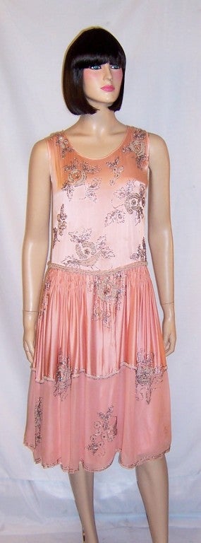 1920's Pink Silk Chiffon & Pink Charmeuse Floral  Beaded Dress