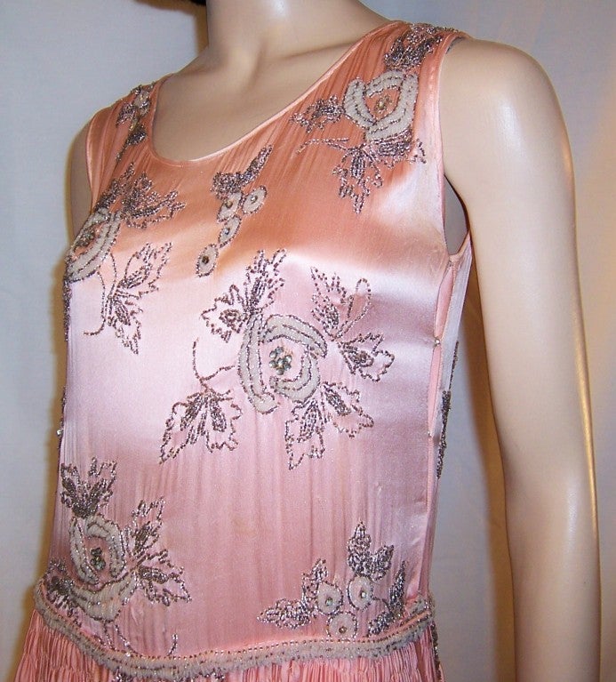 1920's Pink Silk Chiffon & Pink Charmeuse Floral  Beaded Dress For Sale 4