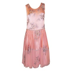 1920's Pink Silk Chiffon & Pink Charmeuse Floral  Beaded Dress