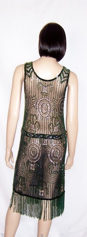 Superb 1920's Green Beaded & Silver Sequined Dress/Black Net 1