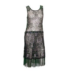 Antique Superb 1920's Green Beaded & Silver Sequined Dress/Black Net