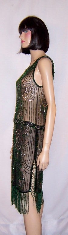 Superb 1920's Green Beaded & Silver Sequined Dress/Black Net 2