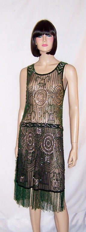 Superb 1920's Green Beaded & Silver Sequined Dress/Black Net 3