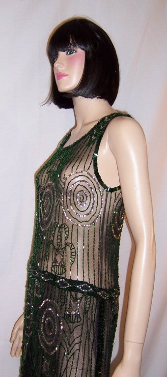Superb 1920's Green Beaded & Silver Sequined Dress/Black Net 5