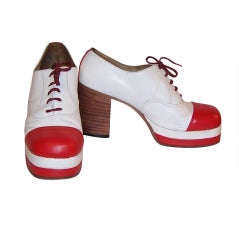 Vintage Men's Original 1970's Red & White Leather Platform Disco Shoes