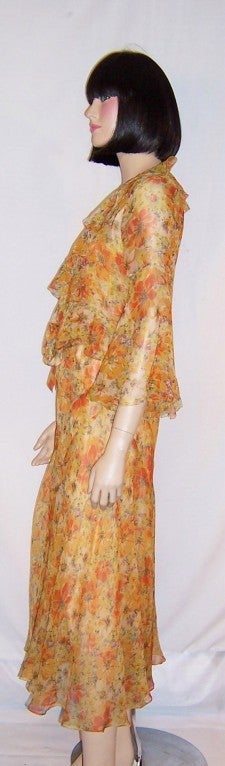 Art Deco Orange & Yellow Floral Printed Chiffon Ensemble