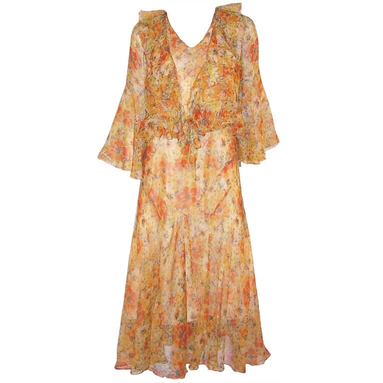 Art Deco Orange and Yellow Floral Printed Chiffon Ensemble For Sale at ...