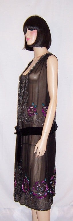 Women's 1920's Art Deco Black Chiffon Beaded & Sequined Gown For Sale
