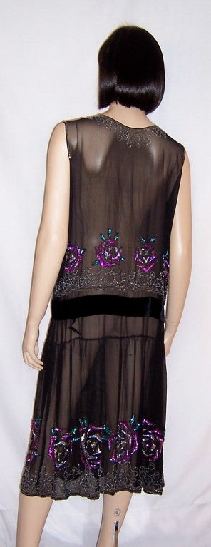 1920's Art Deco Black Chiffon Beaded & Sequined Gown For Sale 1