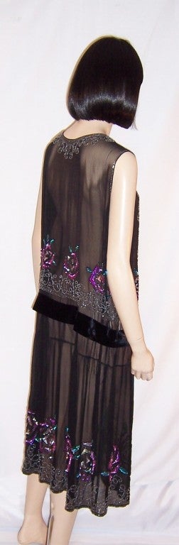 1920's Art Deco Black Chiffon Beaded & Sequined Gown For Sale 2