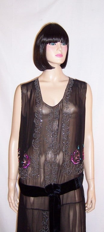 1920's Art Deco Black Chiffon Beaded & Sequined Gown For Sale 4