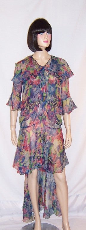 Art Deco/Gatsby Blue Floral Printed Chiffon Fishtail Gown