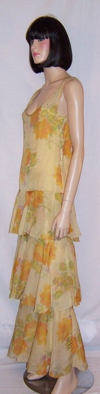 Women's Art Deco/Gatsby Yellow Silk Floral Printed Gown with Ruffles For Sale
