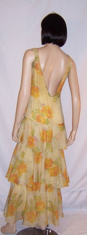 Art Deco/Gatsby Yellow Silk Floral Printed Gown with Ruffles For Sale 1