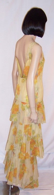 Art Deco/Gatsby Yellow Silk Floral Printed Gown with Ruffles For Sale 2