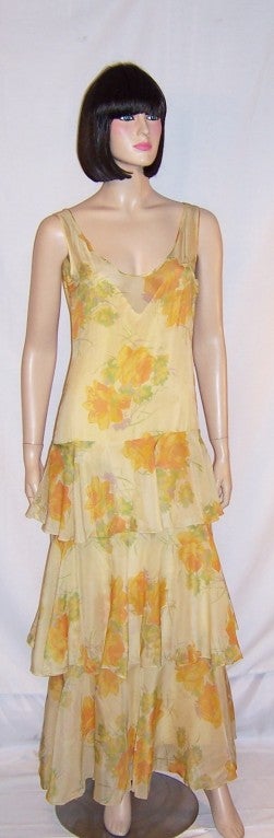 Art Deco/Gatsby Yellow Silk Floral Printed Gown with Ruffles For Sale 3