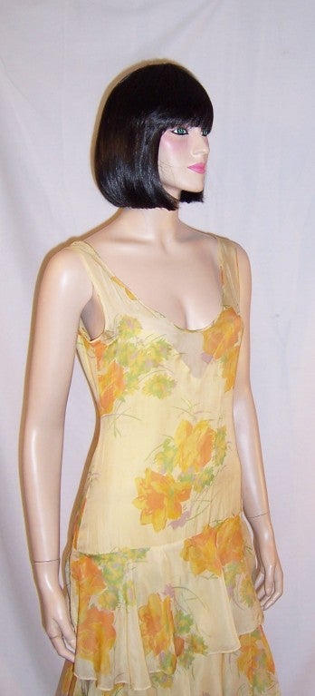Art Deco/Gatsby Yellow Silk Floral Printed Gown with Ruffles For Sale 4