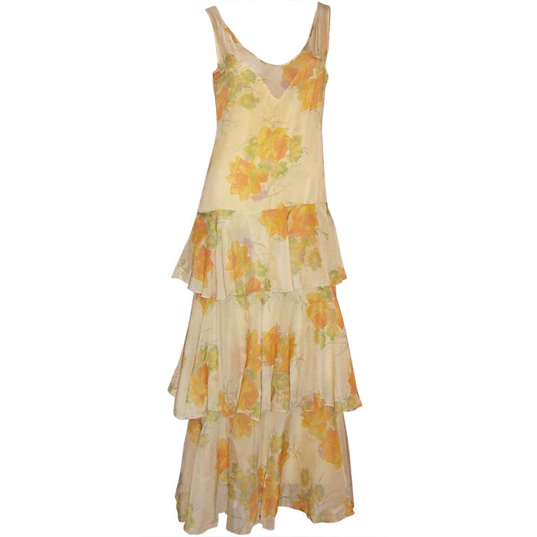Art Deco/Gatsby Yellow Silk Floral Printed Gown with Ruffles For Sale