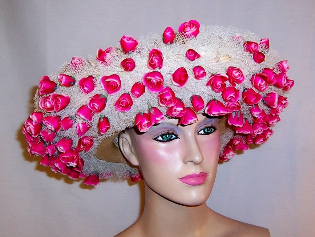 Women's Jack McConnell White Straw Hat with Tulle & Rose Buds For Sale