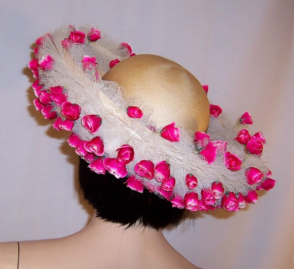 Jack McConnell White Straw Hat with Tulle & Rose Buds For Sale 3
